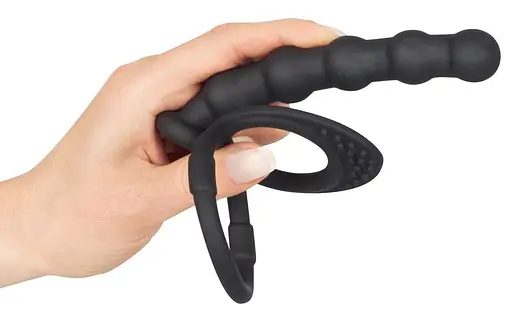 Анальна пробка з ерекційним кільцем Black Velvets Cock And Ball Ring 19 см (чорний) - фото 4