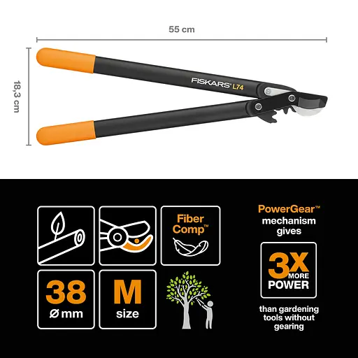 Сучкоріз для зелених гілок до 38 мм Fiskars PowerGear L74 Bypass, M 112290 (1000582) - фото 3