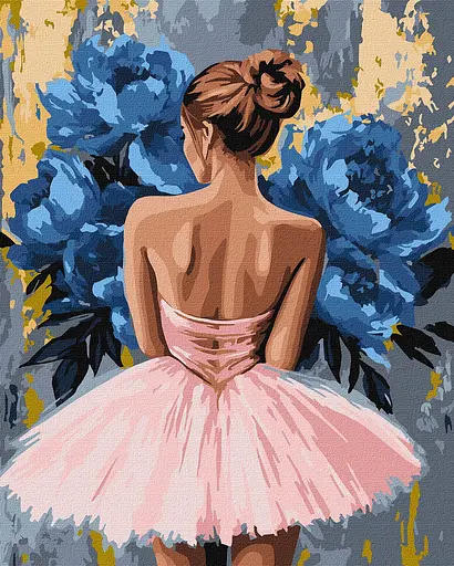 Набор для рисования по номерам "Балерина з блакитними півоніями з фарбами металік" Ideyka 40х50см КНО8661