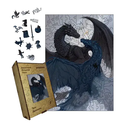 Деревянный фигурный пазл Трио Драконов, А4, Картонная коробка 100 элементов