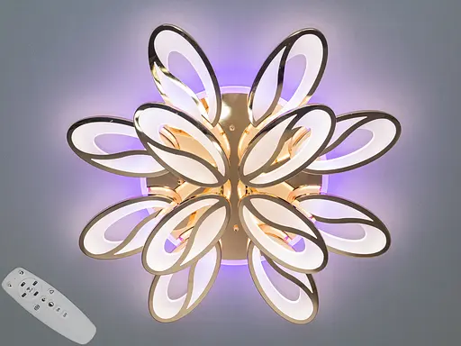 Плоская LED люстра с пультом, диммером и подсветкой, 190Вт, золото. - фото 1