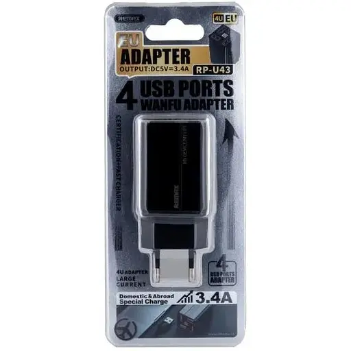 Сетевое зарядное устройство Remax RP-U43 Wanfu 3.4A 100-240V / 4USB EU Черный - фото 2