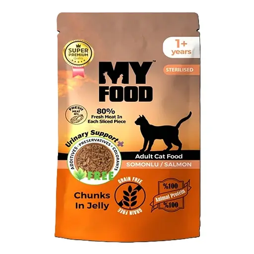 Вологий корм Hermos My Food Для котів стерилізованих шматочки в желе з лососем 85 г