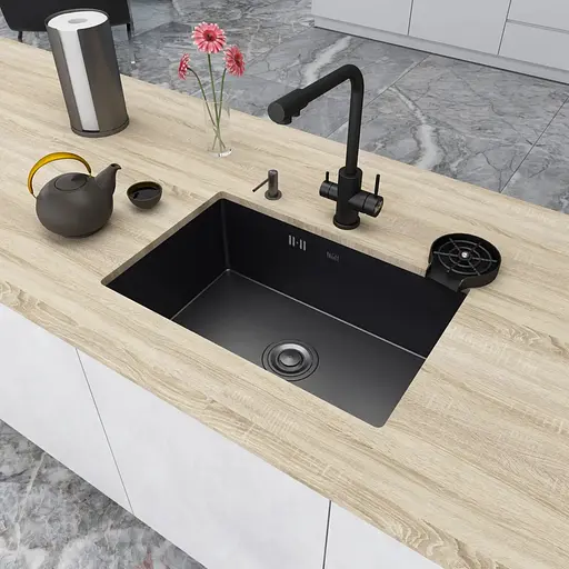 Кухонна мийка чорна з нержавіючої сталі під стільницю 1.5 мм Nett NB-6845, Чорний - фото 3