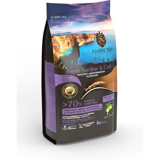 Сухой корм Ambrosia Mediterranean для пожилых, кастрированных собак всех пород с контролем веса с сардиной и треской 100 г - фото 2