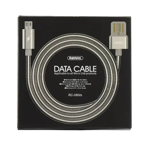 Кабель Remax RC -080 м в металевому обплетенні USB to MicroUSB 1 м сріблястий - фото 1
