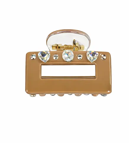 Заколка-крабик прямоугольная со стразами Fashion пластиковая с пружинным зажимом Коричневый - фото 1