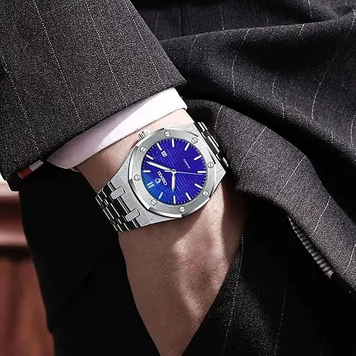 Мужские наручные часы Tiong Нержавеющая сталь Дата Водонепроницаемые аналоговые кварцевые часы Серебристо-голубые часы - фото 4