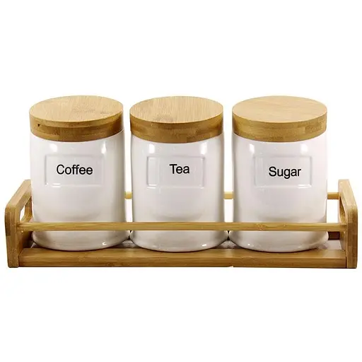 Набір банок порцелянових Interos PJ01783 на дерев'яній підставці 3 предмети 600 мл