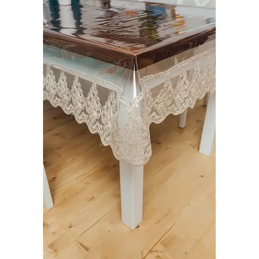 Силіконова скатертина з бежевим мереживом Петек 15 см 260х120 см