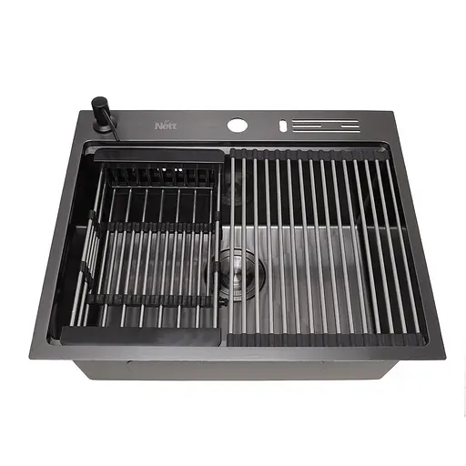 Кухонна мийка чорна з нержавіючої сталі з PVD покриттям мультифункціональна Nett NB-5747, Чорний - фото 4