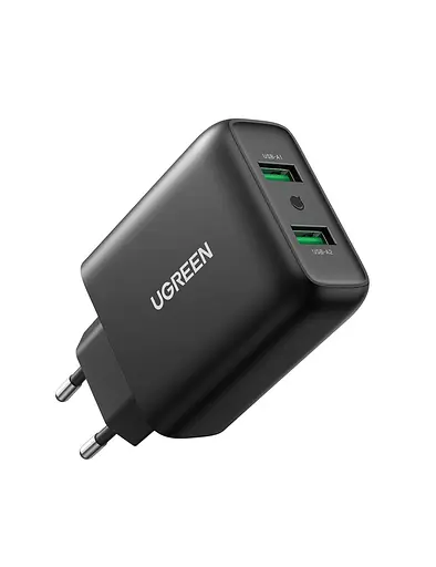 Зарядний пристрій 2xUSB 36W USB A, QC 3.0 Fast Charger чорний CD161 Ugreen
