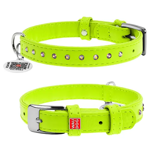 Ошейник для собак кожаный Waudog Glamour с QR-паспортом с клеевыми стразами Ш 12 мм Д 21-29 см салатовый