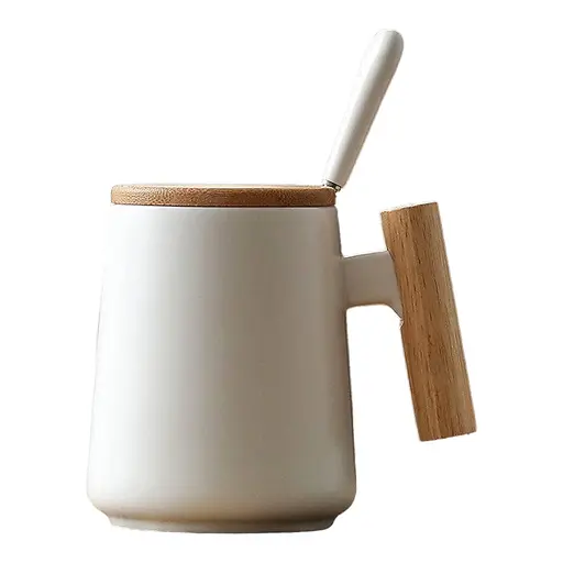 Кухлі керамічні комплект OldBro з дерев'яною ручкою кришкою та ложкою 480 мл black white - фото 3