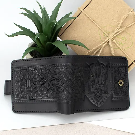 Кожаный кошелек мужской Handycover HC0041 черный с гербом Украины - фото 3