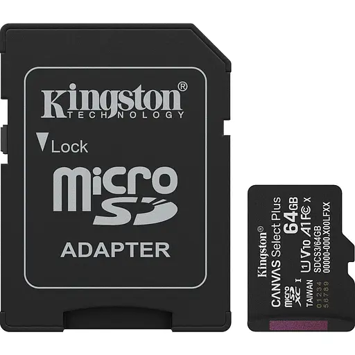 Карта памяти Kingston microSDXC Canvas Select Plus 64GB Class 10 UHS-1 А1 + SD адаптер SDCS3/64GB [145140]