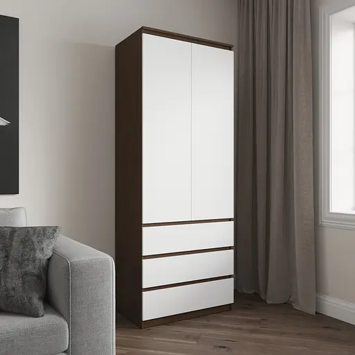 Шкаф для одежды Vays R-16 Венге Темный-Белый фасад, 3 ящика, полки, без ручек, ЛДСП, 80×50×211 см – для спальни, гостиной, прихожей