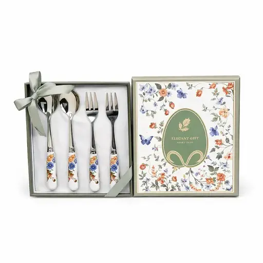 Набір столових приборів Garden Rabbits десертна виделка і ложка срібляста HP-7323-7 4 предмети на 2 персони столові прилади Yiwu HP-7323-7 - фото 2