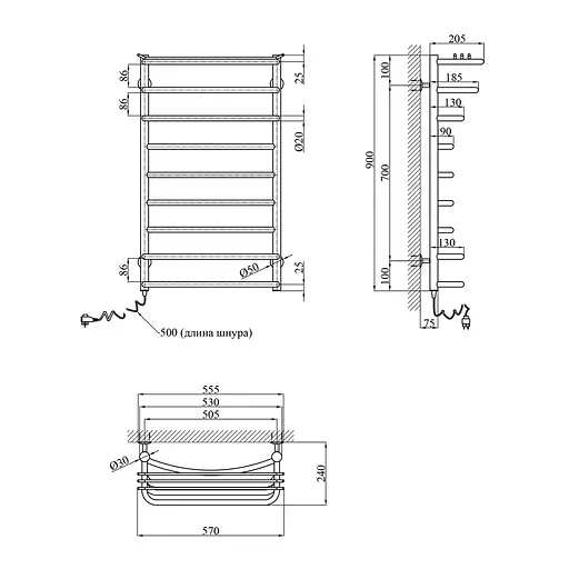 Полотенцесушитель электрический Kroner Канна ДК03EL 900x500/9 EL CV023850, Хром, Левое - фото 2