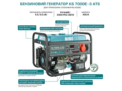 Генератор бензиновий Konner&Sohnen 5/5.5 кВт KS 7000E-3 ATS - фото 8