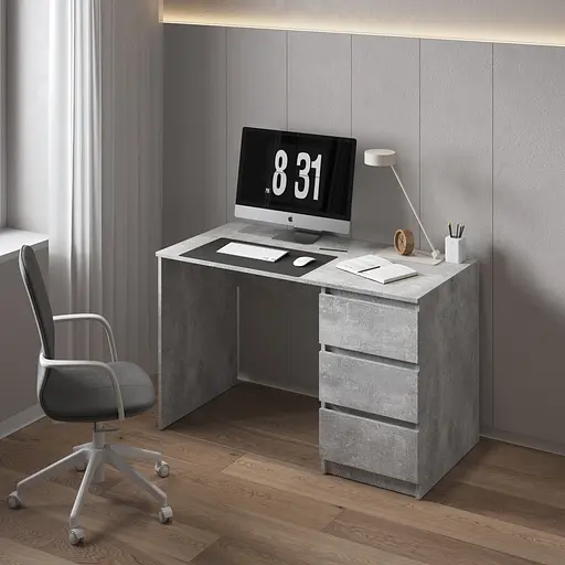 Комп'ютерний стіл Vays, письмовий, сучасний, з тумбою справа, 3 шухляды з фасадами без ручок R-1 Бетон