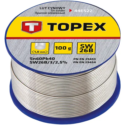 Припій олов’яний Topex Sn60Pb40 флюс SW26B дріт 1 мм 100 г (44E522)