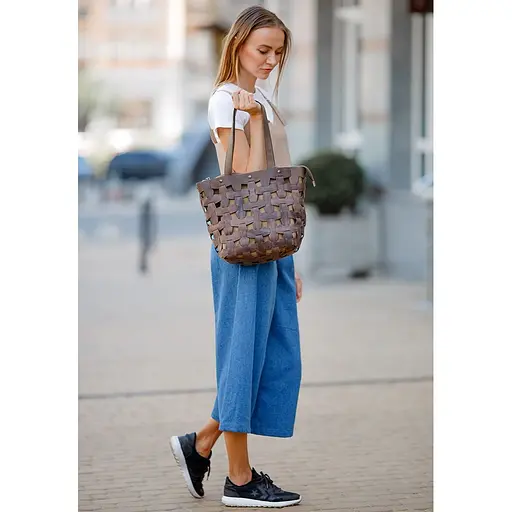 Шкіряна плетена жіноча сумка Пазл L темно-коричнева Crazy Horse - фото 7