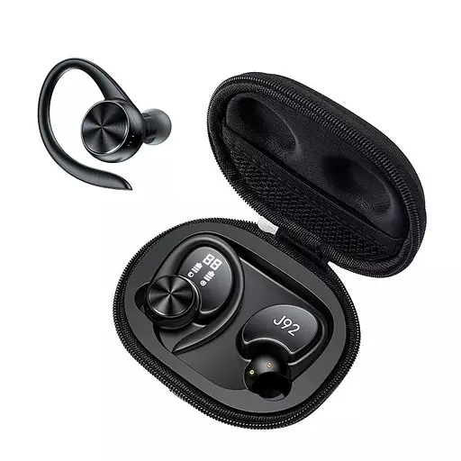Беспроводные спортивные Bluetooth наушники TWS J92 c тканевым зарядным кейсом, сенсорами управления чёрные