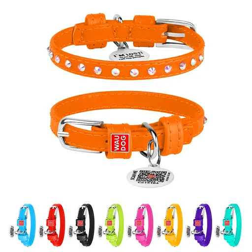 Ошейник для собак кожаный Waudog Glamour с QR-паспортом с клеевыми стразами Ш 9 мм Д 18-21 см оранжевый - фото 2