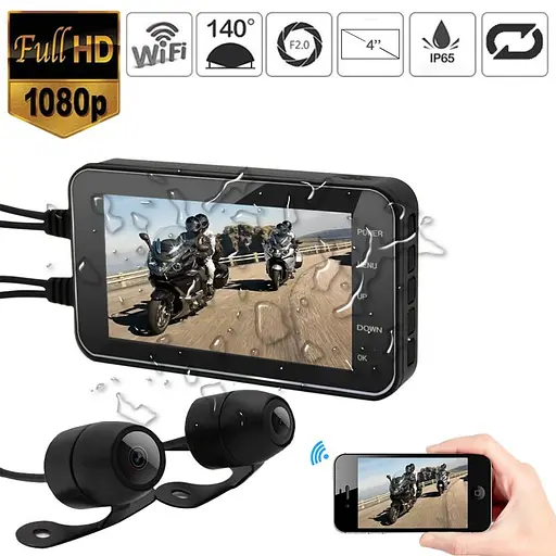 Відеореєстратор для мотоцикла на 2 камери, захищений від вологи FHD 1080P, wifi, G-sensor, датчик руху (100572) - фото 2