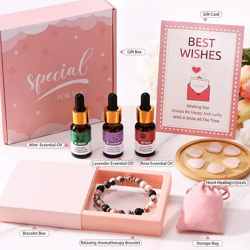 Подарунковий набір браслетів-дифузор з лавового каміння включає браслет з лавового каменю і захисну коробку, ефірну олію лаванди - фото 2