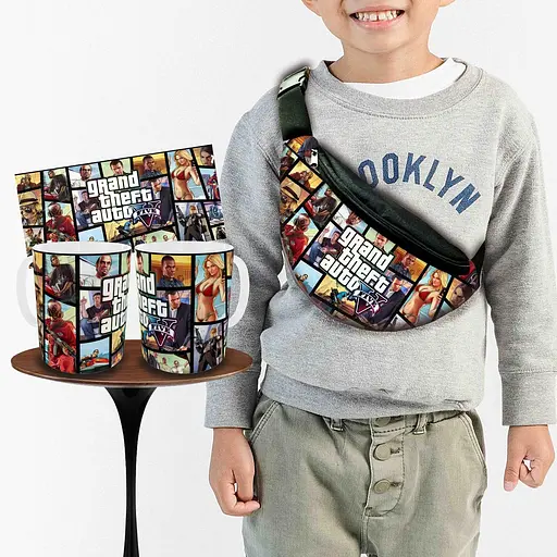 Набор: детская сумка-бананка+кружка GTA "Grand Theft Auto V" 32х15см,бананка для мальчика через плечо (00882)