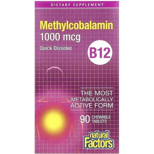 Вітамін B12 Natural Factors Methylcobalamin 1000 mcg, 90 жувальних таблеток для підтримка нервової системи