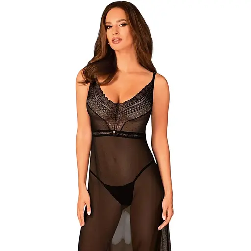 Полупрозрачная длинная сорочка Obsessive Estiqua chemise черный ассиметричный крой XS/S