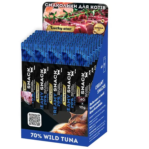 Пюре лагідне для котів з м`якоті тихоокеанського тунця та креветок Lucky Star в шоубоксі 400 г (40 стіків по 10 г)