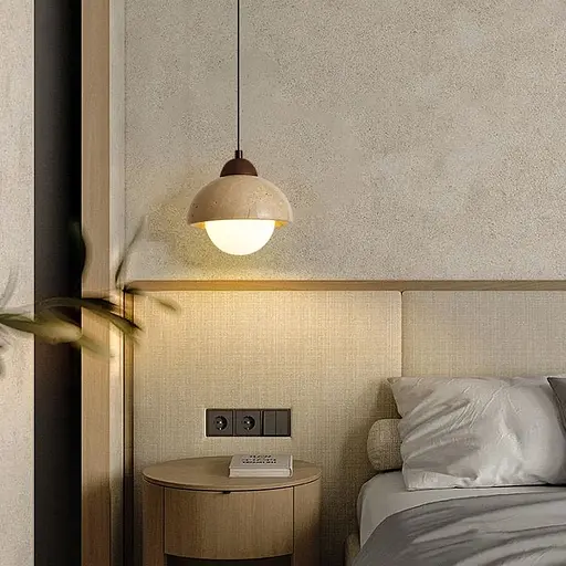 Світильник із підвісним травертиновим корпусом білим плафоном та дерев'яною фурнітурою Ø15х17 см Line F ST002-150 - фото 1