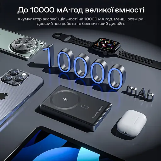 Повербанк 10000mAh Choetech B739 Black QC3.0 PD3.0 бездротова магнітна зарядка (43-00151) - фото 9