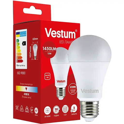 Світлодіодна лампа Vestum A65 15W 4100K 220V E27 1-VS-1101