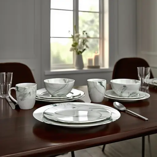 Столовый набор посуды тарелок и чашек 24 предмета на 6 персон Marmor фарфоровый, обеденный столовый сервиз тарелок Yiwu MD-24-2G - фото 2