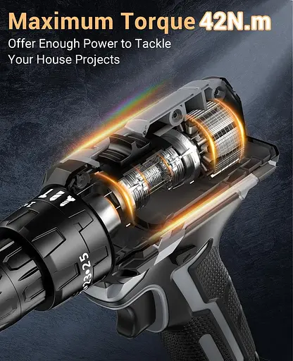 Акумуляторний дриль-шуруповерт 21 В, акумуляторний перфоратор з 2 батареями 2000 мАг, момент, що крутить 25+3, макс. 42 Нм електри - фото 4