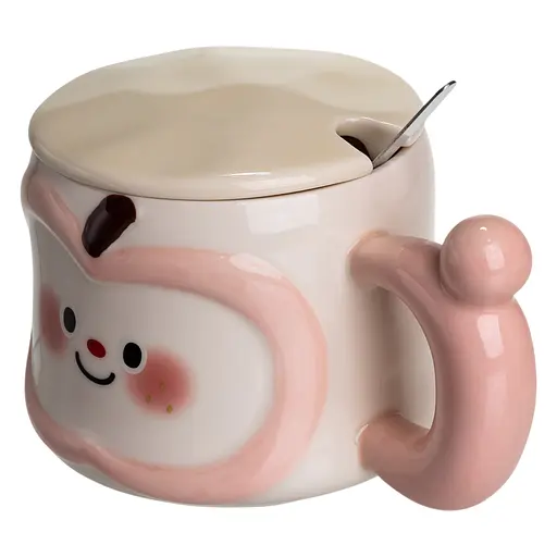 Чашка порцелянова Cute Apple 400 мл з кришкою та ложкою рожевий FM-25C - фото 4