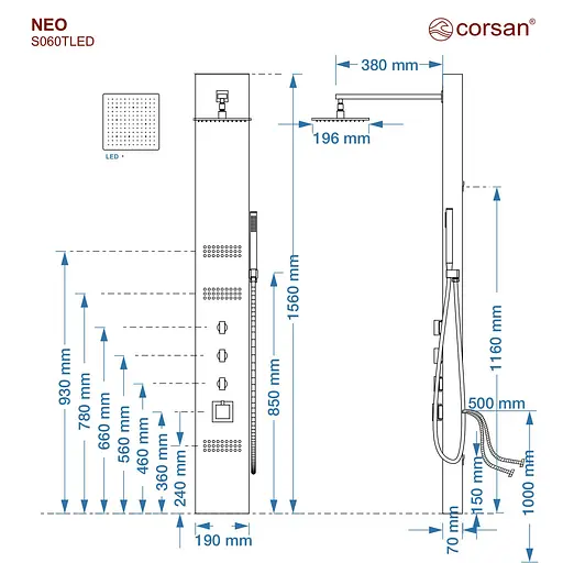 Душова панель Corsan Neo black LED з термостатом S060TBLLED, Чорний матовий - фото 2