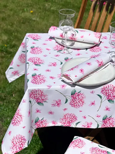 Водовідштовхувальна Скатертина з 3D принтом Гортензія 340х140 см (+ 7 серветок 30х40) Рожева - фото 4