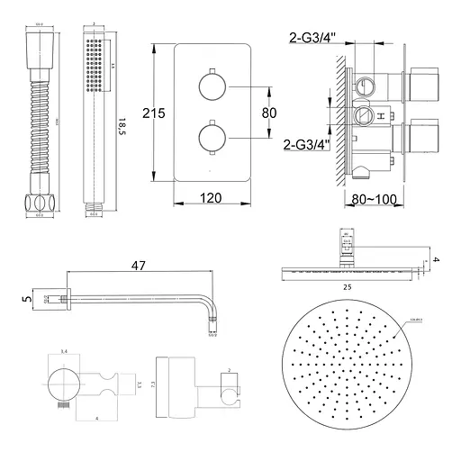 Душова система Kohlman Experience 25 gold з термостатом + BOX прихованого монтажу KPL-QW432EGDR25, Золотий - фото 2