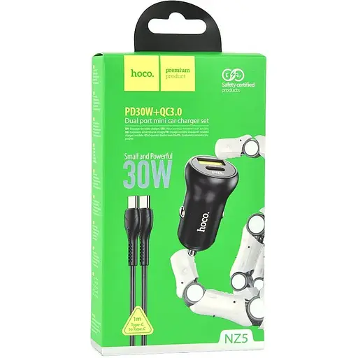 Автомобильное зарядное устройство Hoco NZ5 Smooth road PD30W + QC3.0 5А car charger set Type C to Type C Черный - фото 2