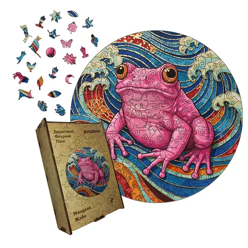 Дерев'яний фігурний пазл Мандала Жаби, А4, Дерев'яна коробка 100 елементів