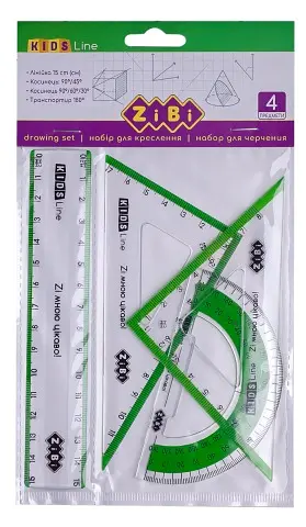 Комплект KIDS Line, лінійка 15 см, 2 косинці, транспортир, з салатовою смужкою