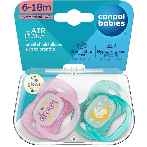 Пустышка силиконовая симметричная Canpol babies NightGlow 6-18 месяцев 2 шт. розовая (34/943_pin) - фото 6