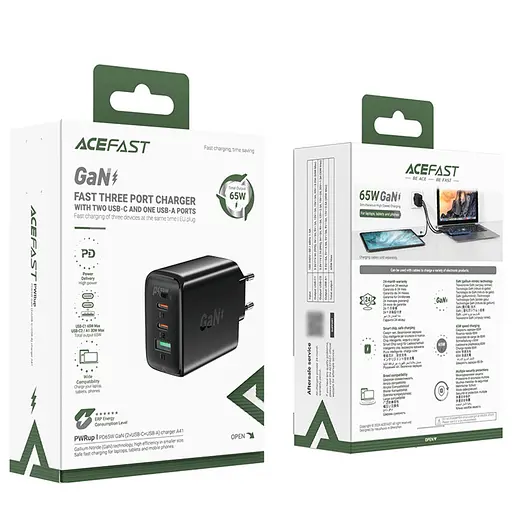 Мережевий зарядний пристрій Acefast A41 USB/2 Type-C QC PD PD65W GaN чорний - фото 6