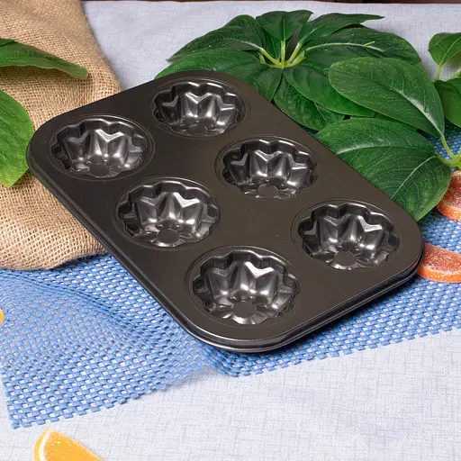 Форма для выпечки кексов и маффинов на 6 ячеек с антипригарным покрытием "Цветы №1" 26.5х18.5х2.8 см, A-plus Черный 83494 - фото 9